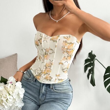 Sexy Backless Floral Boning Corset Top with Wrapped Chest Design