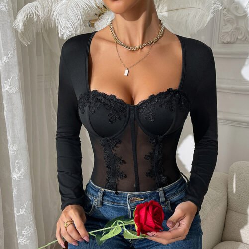 Black Lace Stitch Corset Jumpsuit with Sheer Long Sleeves