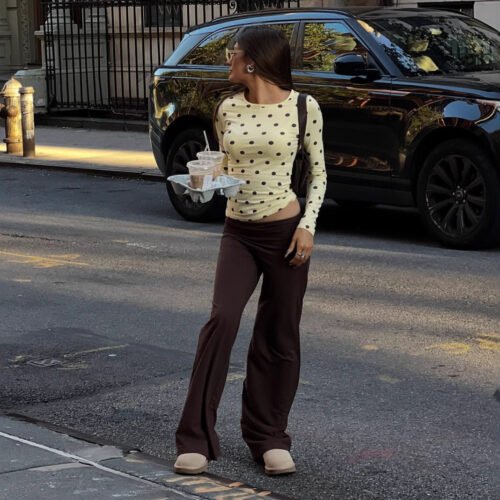 Slim Fit Polka Dot Long Sleeve Round Neck Top for Autumn