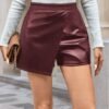 Women Clothing Casual High Waist Irregular Asymmetric Faux Leather Sexy Short Culottes