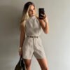 Elegant Office Halter Sleeveless Top & High-Waist Shorts Set