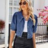 WOMEN SPRING SUMMER WASHED SAILOR COLLAR DENIM JACKET