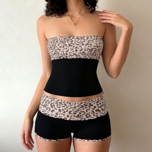 Sexy Leopard Print Tube Top & Slim Boxer Shorts Two-Piece Set