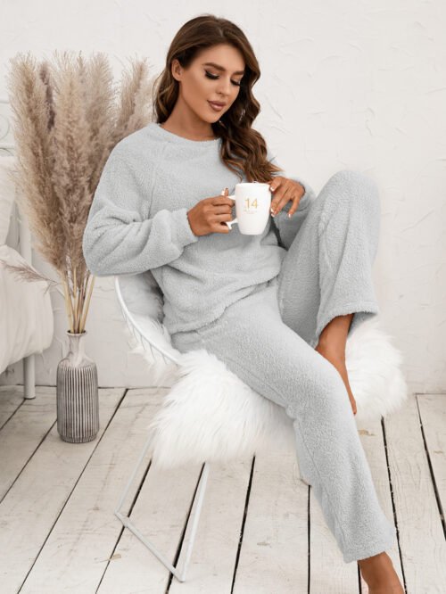 Plus Size Plush Hooded Sweater Two-Piece Homewear Set for Women