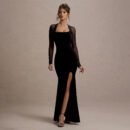 AUTUMN WINTER MESH STITCHING CUTOUT SLIT LONG SLEEVE DRESS