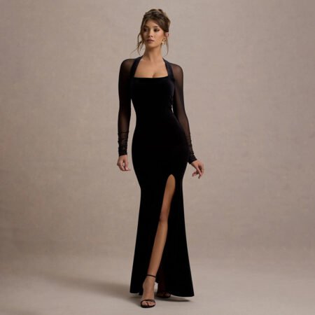 AUTUMN WINTER MESH STITCHING CUTOUT SLIT LONG SLEEVE DRESS