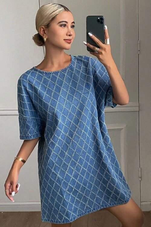 Short Sleeve Blue Cotton Straight Denim Casual Dress