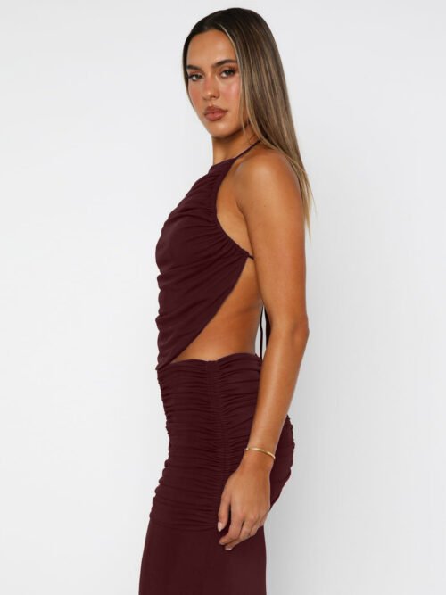 Summer Sexy Lace-Up Backless Vest & Pleated Slit Skirt Two Piece Set