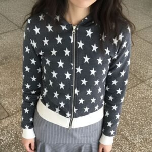 Casual Printed Contrast Color Slim Fit Sweater Retro Sports Zipper Hooded Jacket