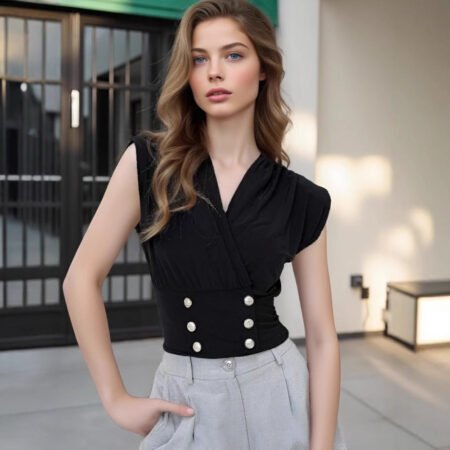 Black V-Neck Sleeveless Vest with Cross Collar & Pearl Double-Buckle Detail