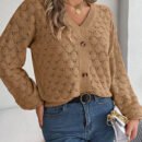 Autumn Winter V-Neck Hollow Out Lantern Sleeve Pullover Sweater