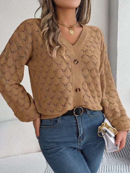 Autumn Winter V-Neck Hollow Out Lantern Sleeve Pullover Sweater