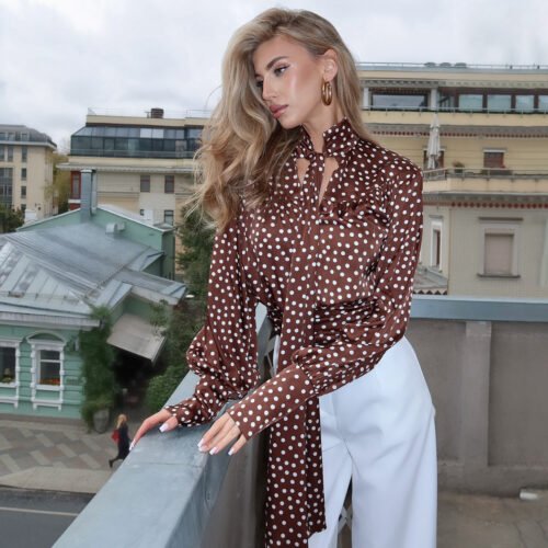 Elegant Polka Dot Hollow Out Long Sleeve Retro Blouse for Women