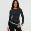 Autumn Winter Wild Inner Black White Polka Dot Bare Back Long Sleeve Fitted Top