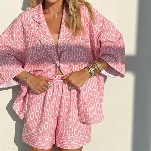 Casual Collared Shirt & Printed Loose Shorts Two-Piece Set