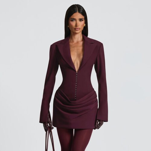 Autumn Winter Slim Fit Deep V Plunge Blazer Mini Dress