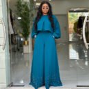 Women Clothing Spring Summer Round Neck Asymmetric Bishop Sleeve Top & Beaded Wide-Leg Pants Set