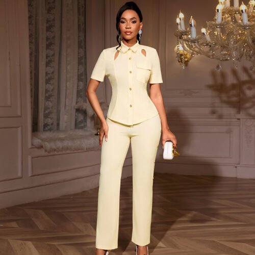 Collared Hollow Out Lace-Up Waist Shirt & Straight Pants Two Piece Set