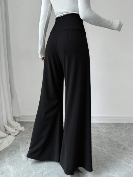 Slimming Black High Waist Wide Leg Office Pants with Metal Fastener