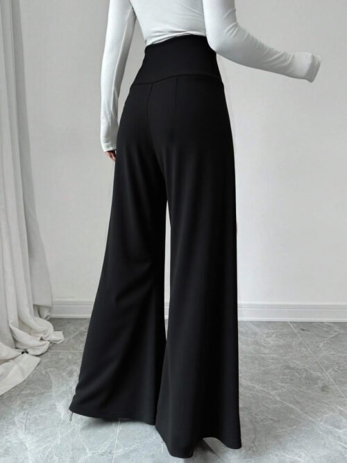 Slimming Black High Waist Wide Leg Office Pants with Metal Fastener