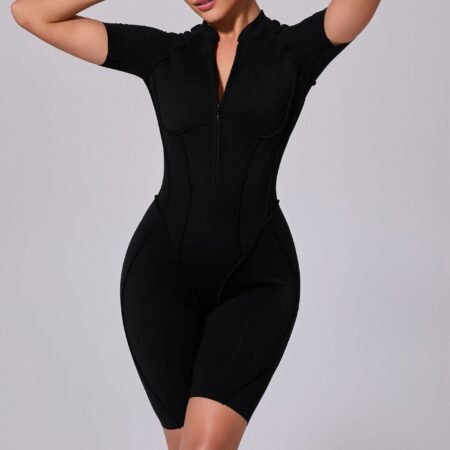 FlexZip Short‑Sleeve Fitness & Yoga Jumpsuit