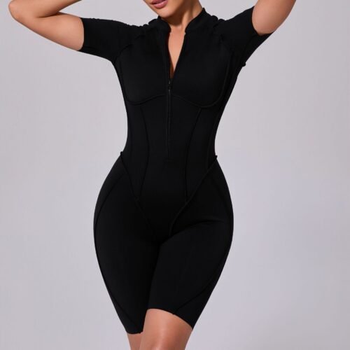 FlexZip Short‑Sleeve Fitness & Yoga Jumpsuit