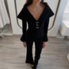 Autumn Winter Retro Black V-Neck Slim Top & Bell Bottom Pants Elegant Set