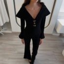 Autumn Winter Retro Black V-Neck Slim Top & Bell Bottom Pants Elegant Set