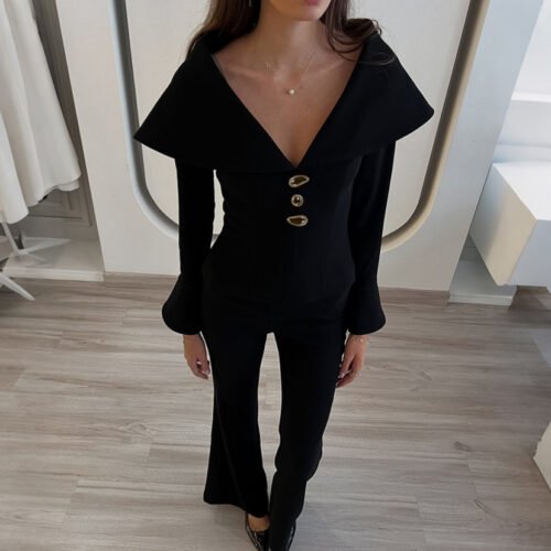 Autumn Winter Retro Black V-Neck Slim Top & Bell Bottom Pants Elegant Set