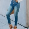 High-Stretch Breasted Ankle-Length Denim Pants for Women