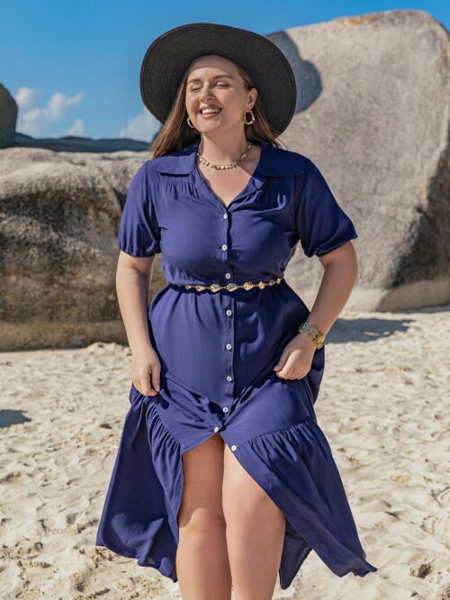 Plus Size Bohemian V-Neck Button Split Holiday Dress