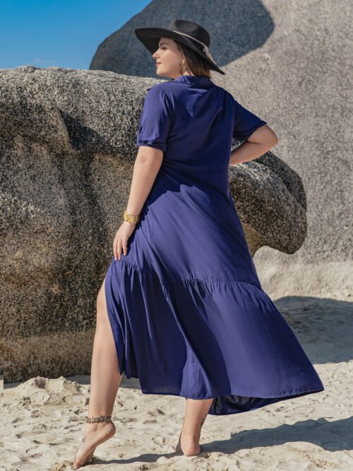 Plus Size Bohemian V-Neck Button Split Holiday Dress