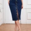 Retro Plus Size Single-Breasted Slim Fit Denim Skirt