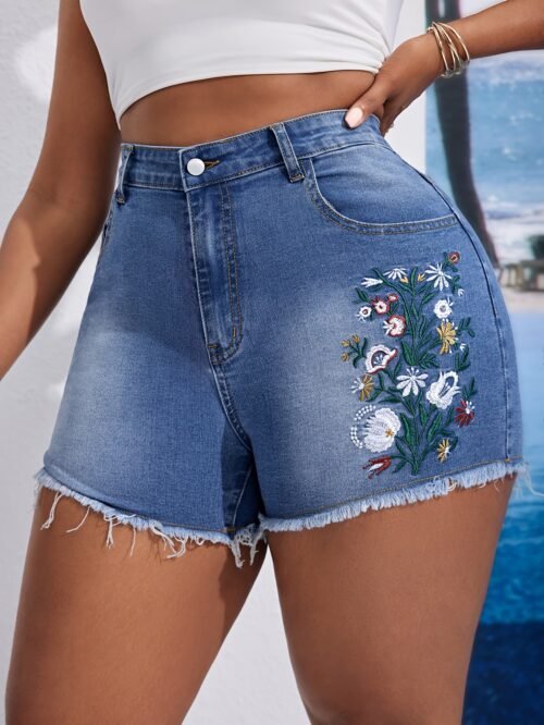 Plus Size High-Waist Floral Embroidered Denim Shorts
