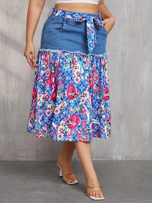 Bohemian Plus Size Retro Floral Denim Midi Skirt