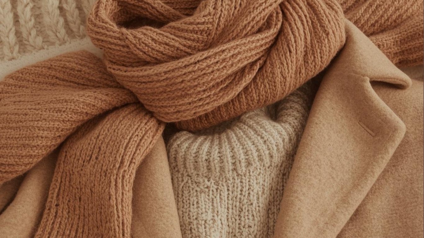  Cozy winter layering with a soft knit sweater, scarf, and structured coat laid flat.