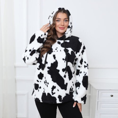 Plus Size Cow Plush Hoodie – Cozy Long Sleeve Plush Top for Chill Days