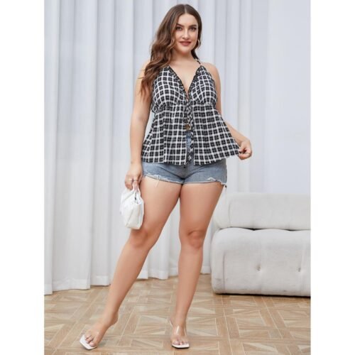 Plus Size Plaid Loose Fit V-Neck Summer Sling Top – Oversized Comfort