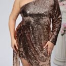 Plus Size Elegant One-Shoulder Sequin Slim Waist Dress