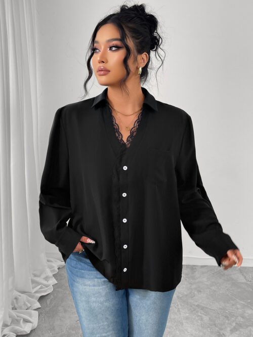 Elegant Black Lace Button Shirt for Women’s Office Wear
