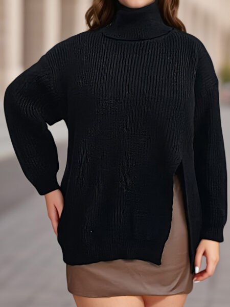 Plus Size Turtleneck Split Mid-Length Pullover Top