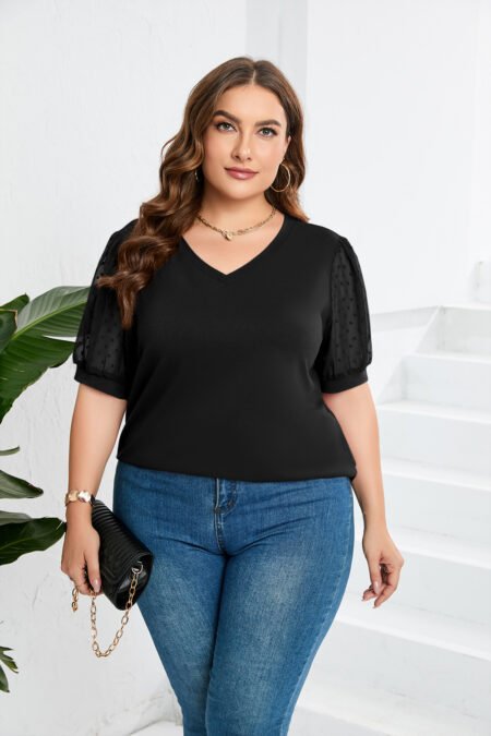 Mesh Puff Sleeve V-Neck T-Shirt