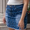 Plus Size Beaded Elastic Waist Raw-Edge Denim Skirt