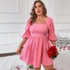 Plus Size French Square Collar Puff Sleeve A-Line Mini Dress