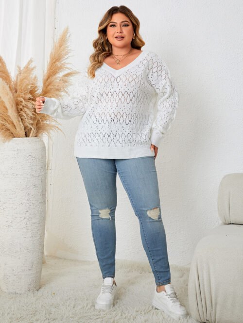 Chic Hollow-Out V-Neck Pullover Sweater – Plus Size Edition