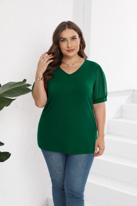 Mesh Puff Sleeve V-Neck T-Shirt