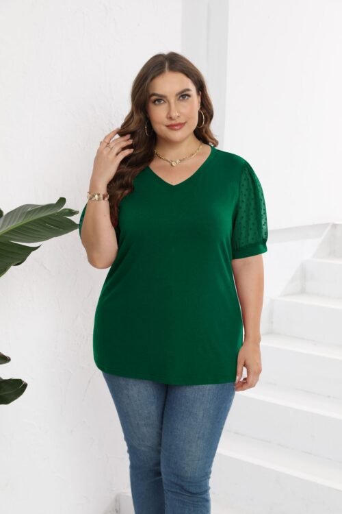 Mesh Puff Sleeve V-Neck T-Shirt