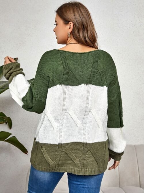 Cozy Contrast Colorblock Crew Neck Sweater – Plus Size Fit
