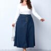 Retro Plus Size High Waist Buttoned A-Line Denim Skirt