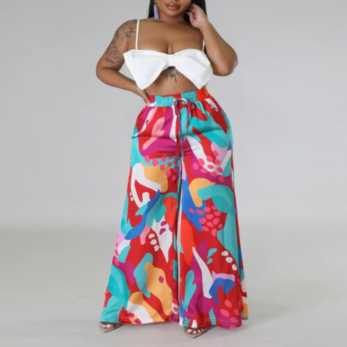 Plus Size Printed Wide Leg Lace-Up Pants with Pockets